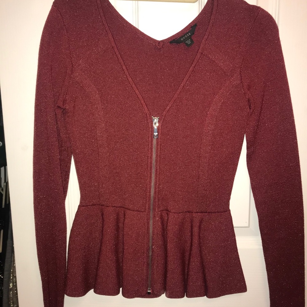 GUESS zip up peplum shimmer shirt!